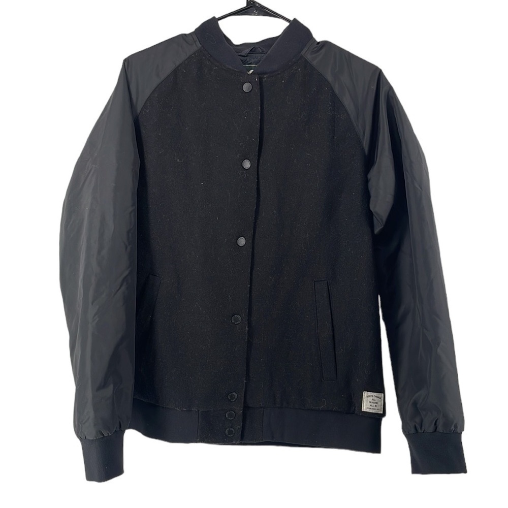 Roots varsity jacket wool body nylon sleeves Roots spellout Canada minimalist lg